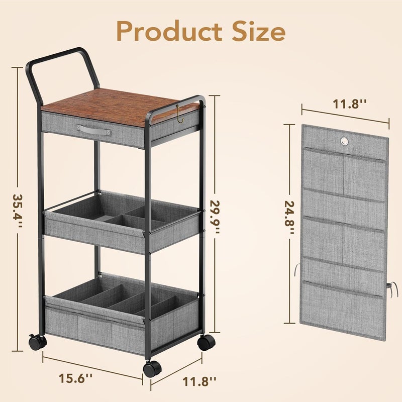 BBLIKE 3-Tier Diaper Caddy Organizer - Rolling Utility Baby Cart with Drawer and Side Pockets for Nursery and Baby Essentials, Multi-Function Cart for Bedroom and Bathroom, Gray - Image 2